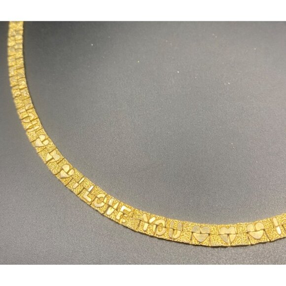 Vintage Gold Tone I LOVE YOU Necklace 24" Textured heart Pattern Flat Link Chain - Picture 2 of 6